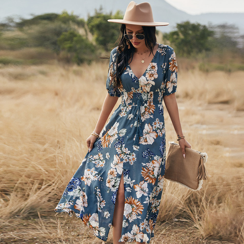 Floral V-Neck Summer Dress – Lightweight Beach Dress with Elastic Waist