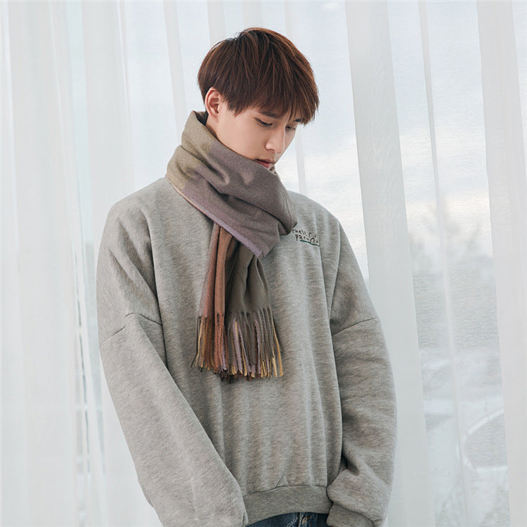 Men's checkered scarf with fringes, warm, soft, elegant