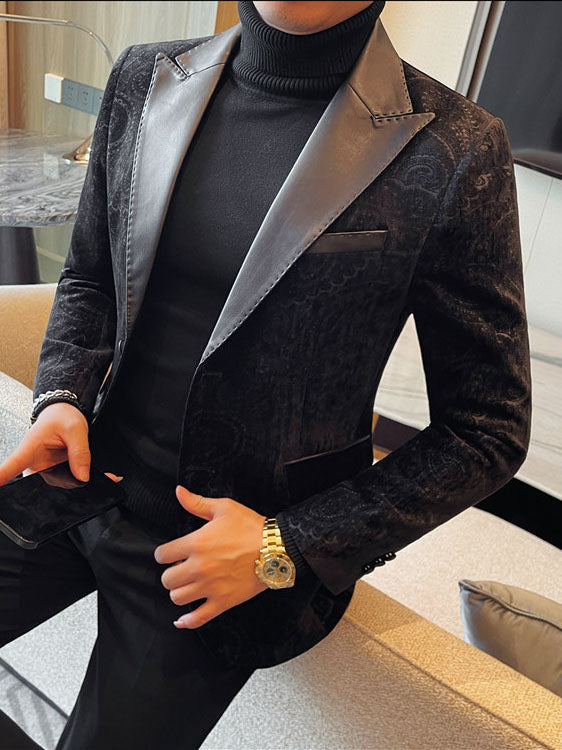 Men's Jacquard Velvet Blazer with Leather Lapels – Luxury Elegant Jacket