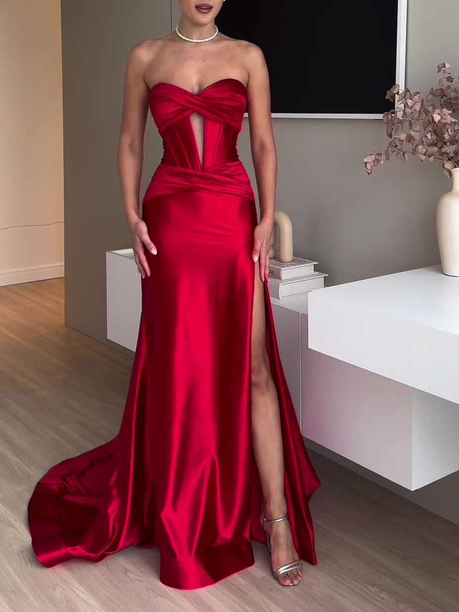 Women's Elegant Red Evening Dress | Bandeau Dress with Slit