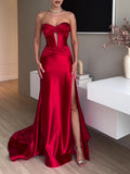 Women's Elegant Red Evening Dress | Bandeau Dress with Slit