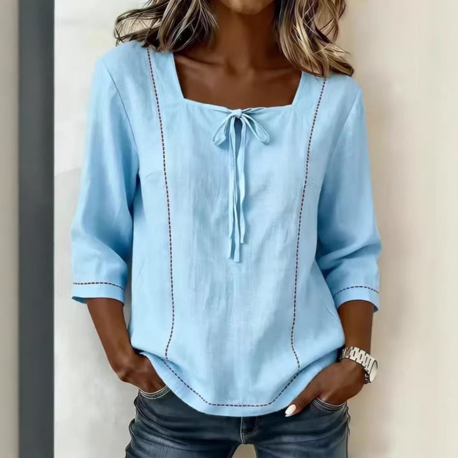 Women's Blouse with Print, Lacing & Square Neckline – Mid-Sleeve