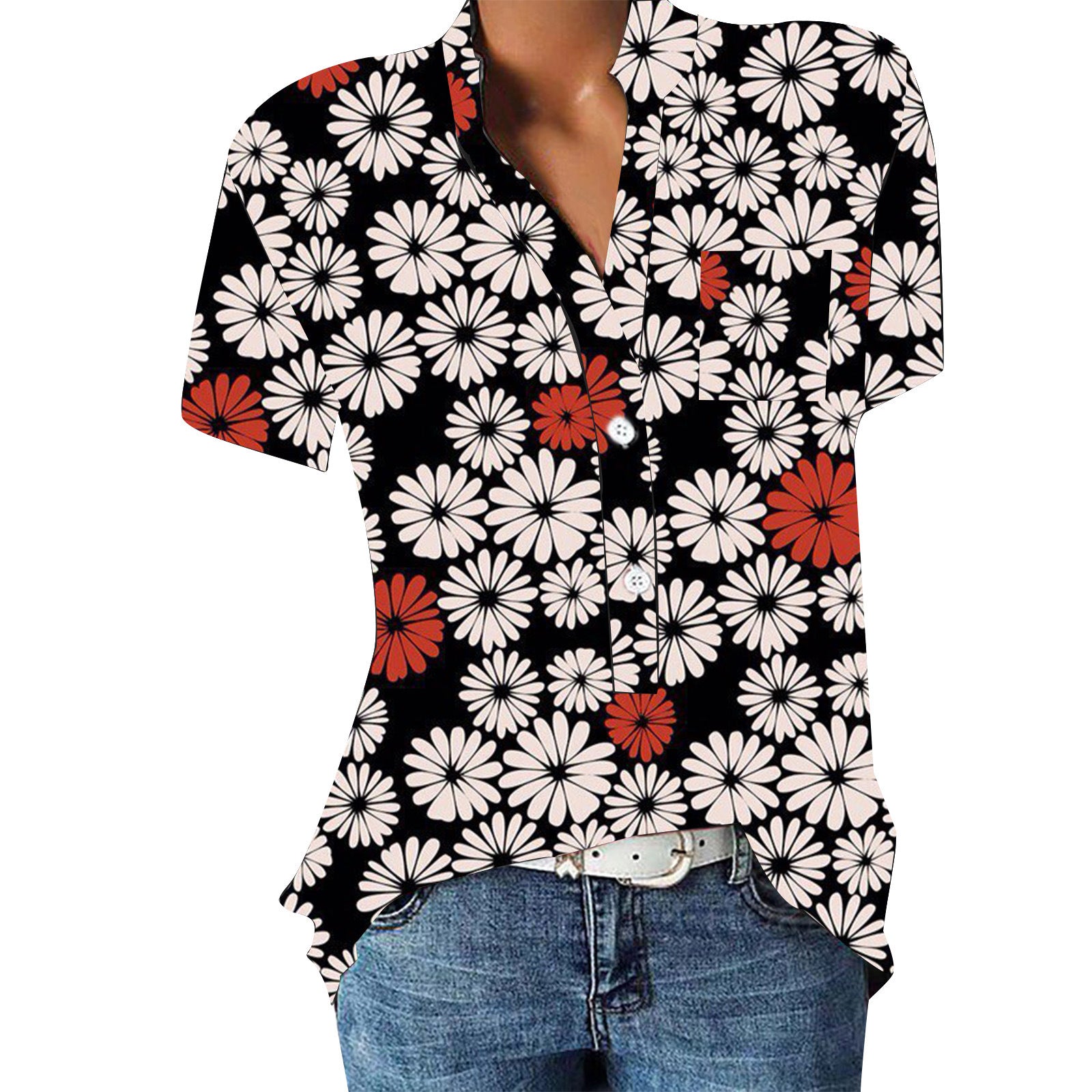 Damen Blumenprint Bluse V-Ausschnitt | Sommer Kurzarm Shirt