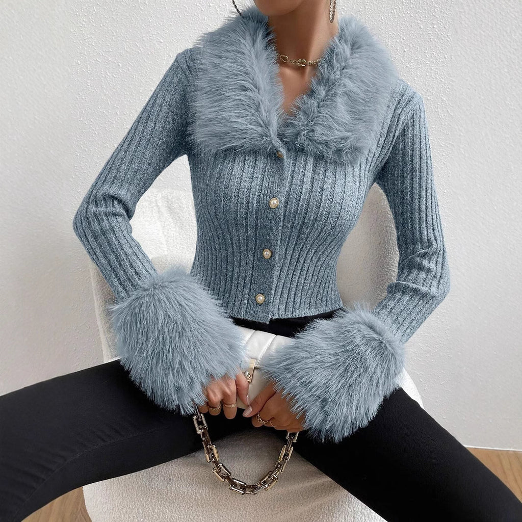 Elegant Cardigan with Fur Collar – Slim Fit V-Neck Cardigan