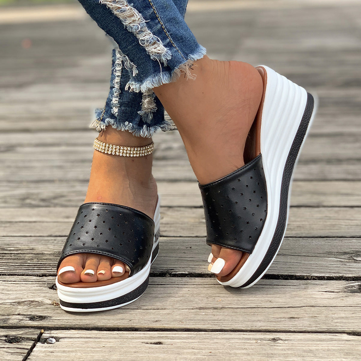 Damen Keilsandalen Fish Mouth | Cut Out Sommer Strand Schuhe