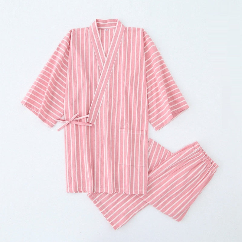 Kimono Pyjama Set Baumwolle | Gestreift Damen Herren Loungewear