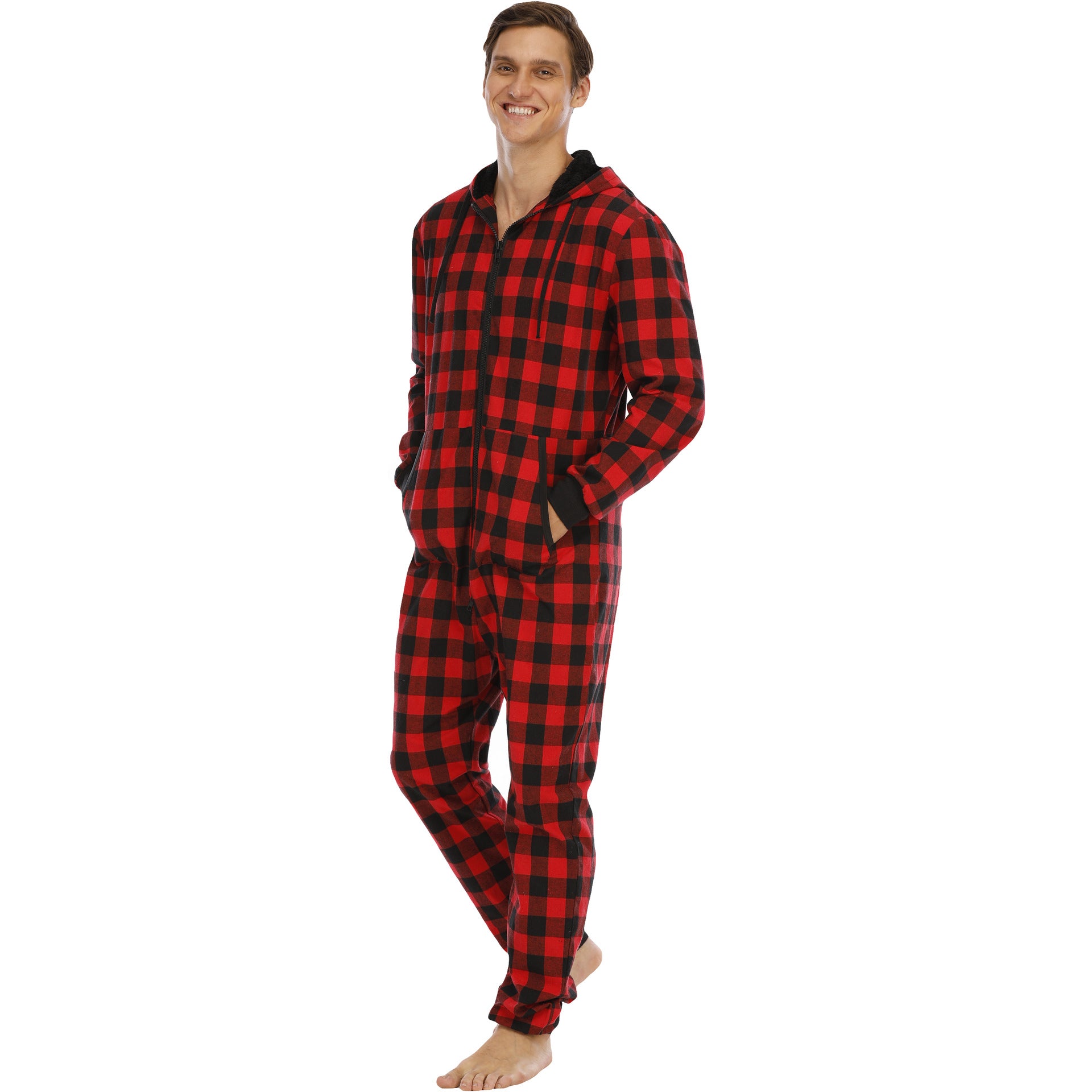 Herren Flanell Overall Pyjama | Kariert Kapuze Warm