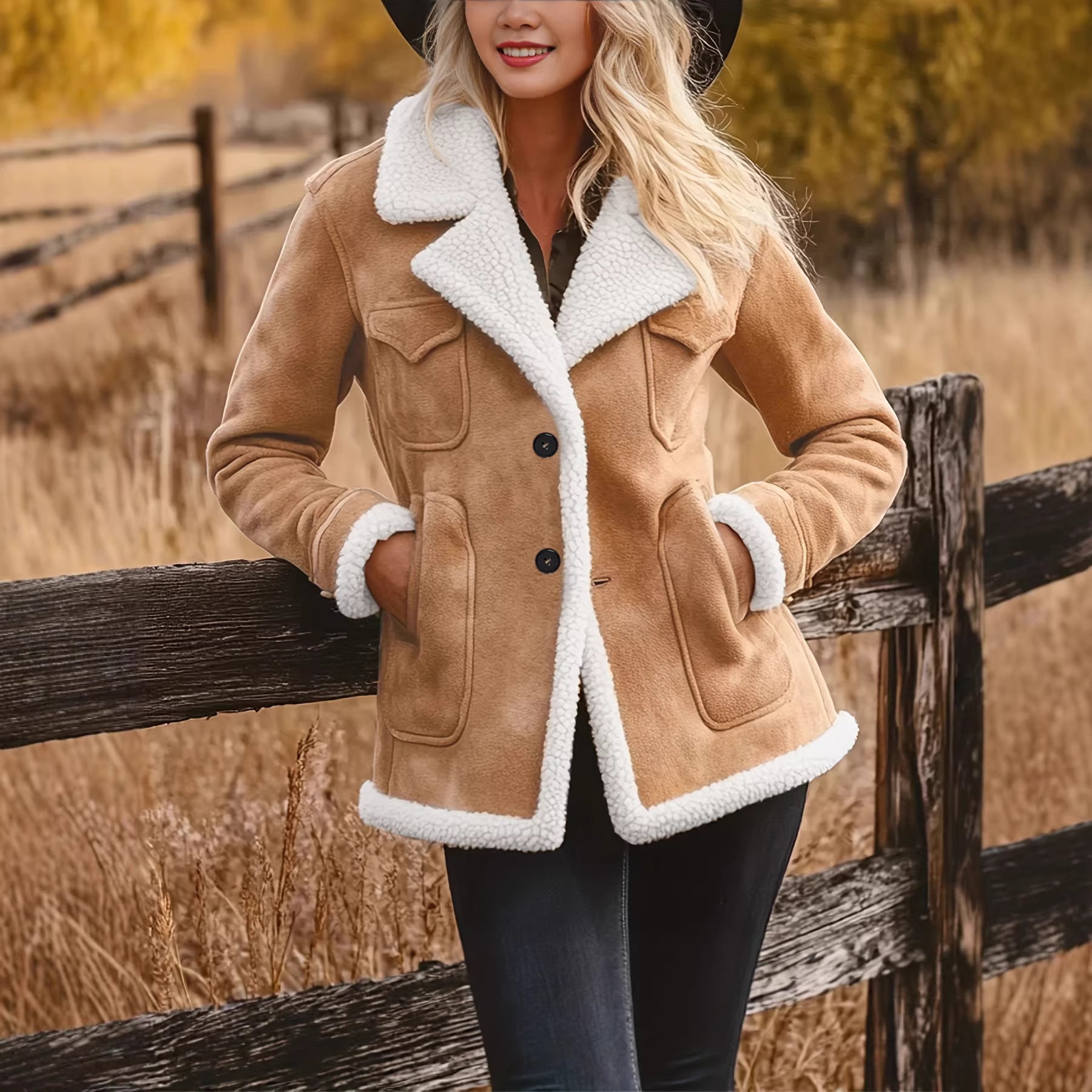 Damen Retro Fellmantel mit Taschen – Herbst & Winter Elegant