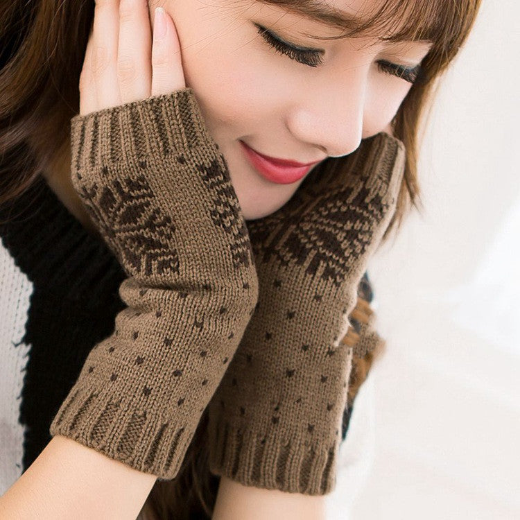 Damen Halbfinger Strickhandschuhe – Schneeflocke Weihnachtsdesign
