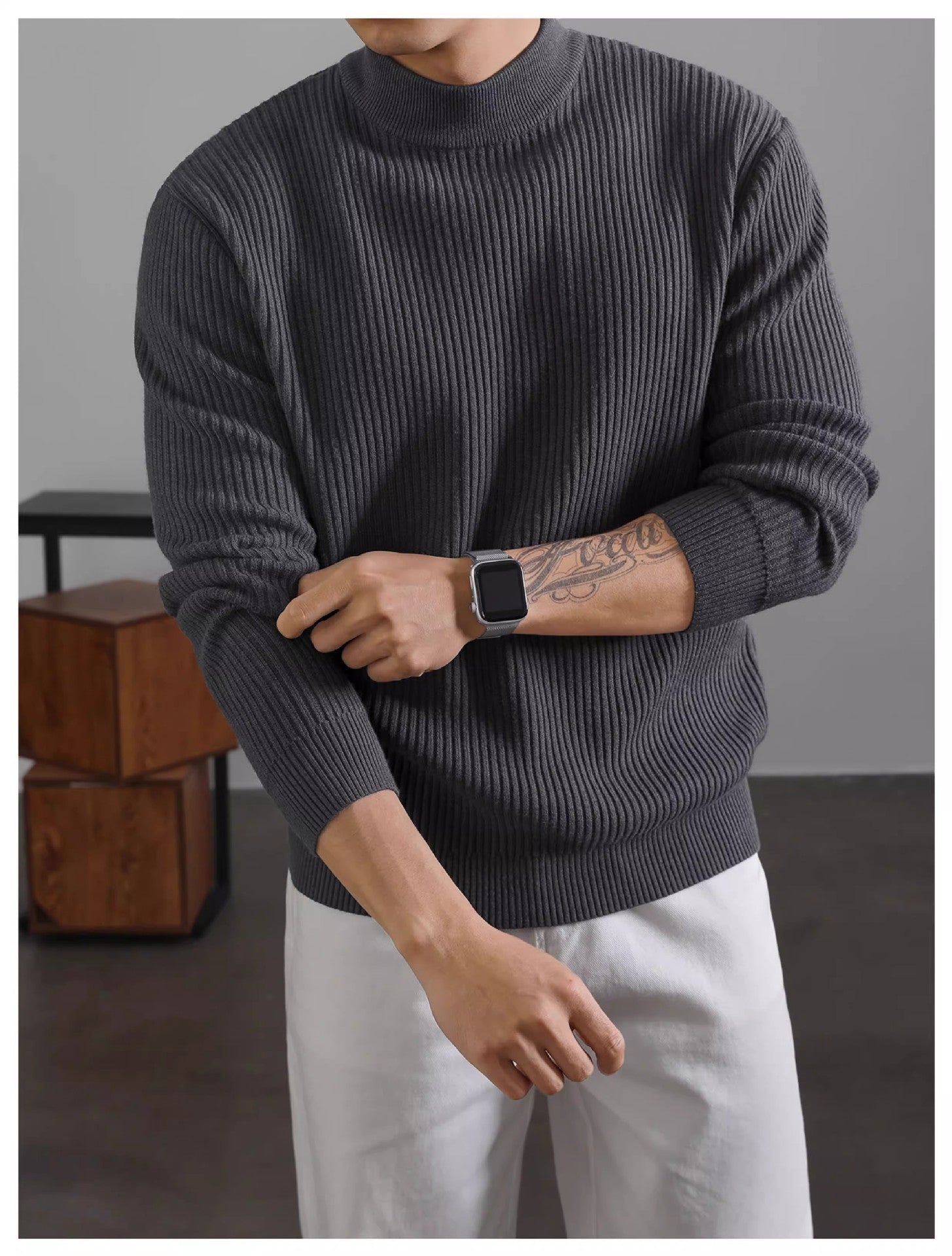 Men's Korean Style Pullover – Mock Neck Rib Knit