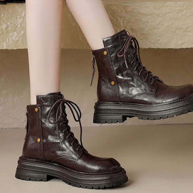 Women's Lambskin Ankle Boots with Chunky Sole – Lace-Up Boots