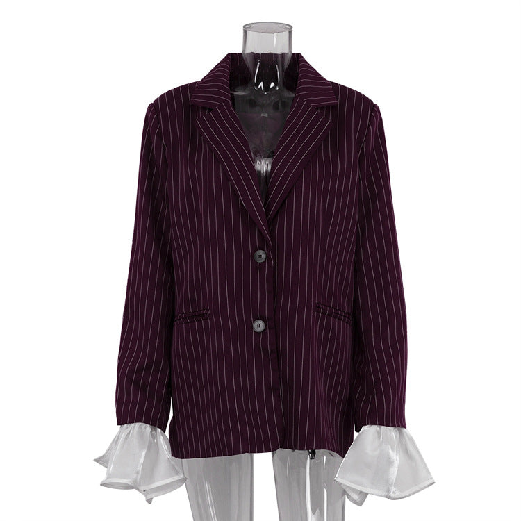 Damen Blazer mit Spitze & Glockenärmeln – Locker, Gestreift & Elegant