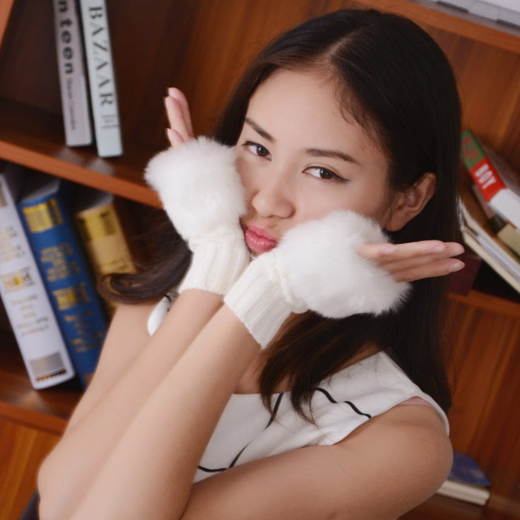 Damen Winter Halbfingerhandschuhe | Warme Plüsch Strickhandschuhe