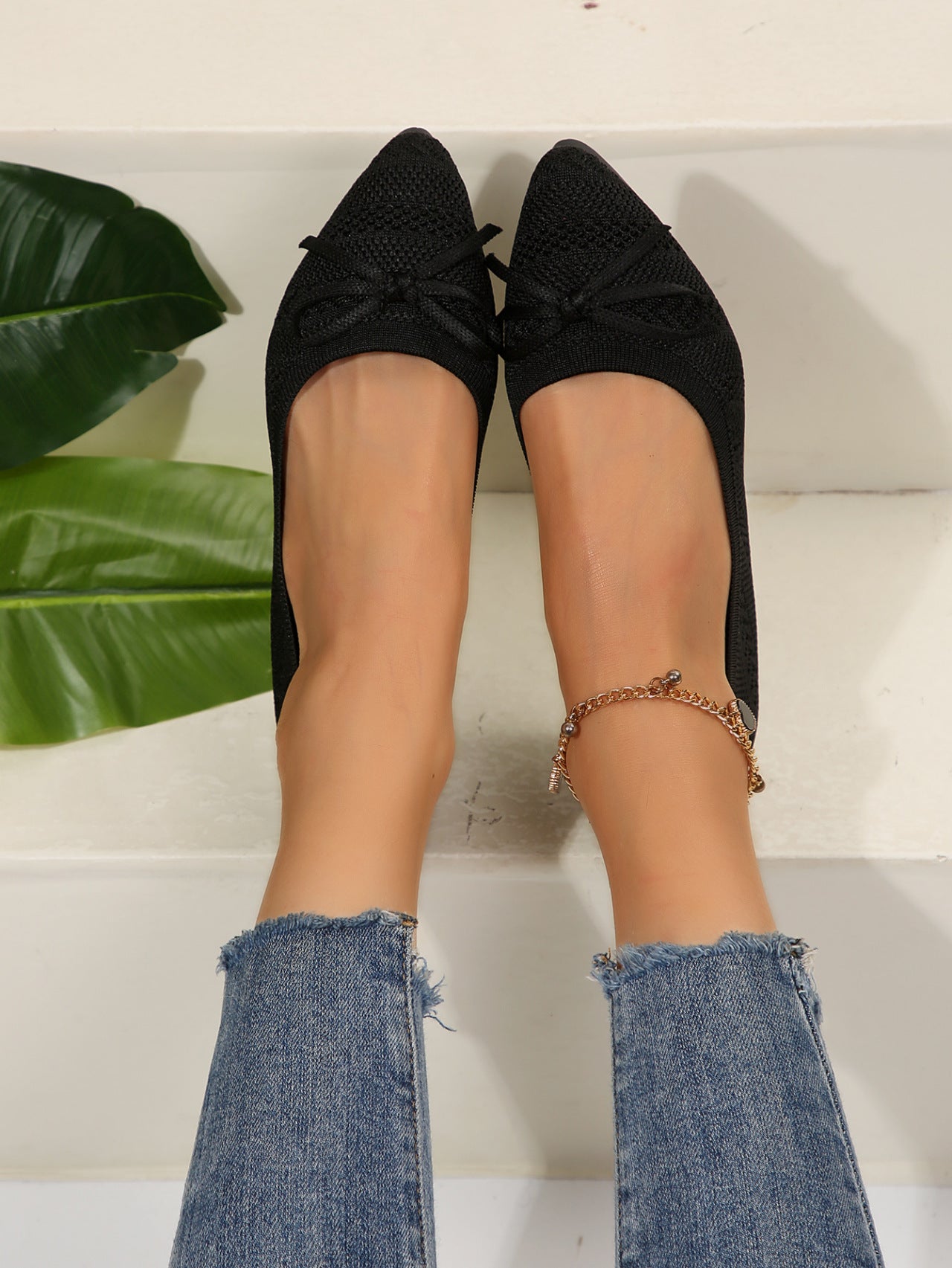 Women's knitted loafer elegant | pointed flats with bow