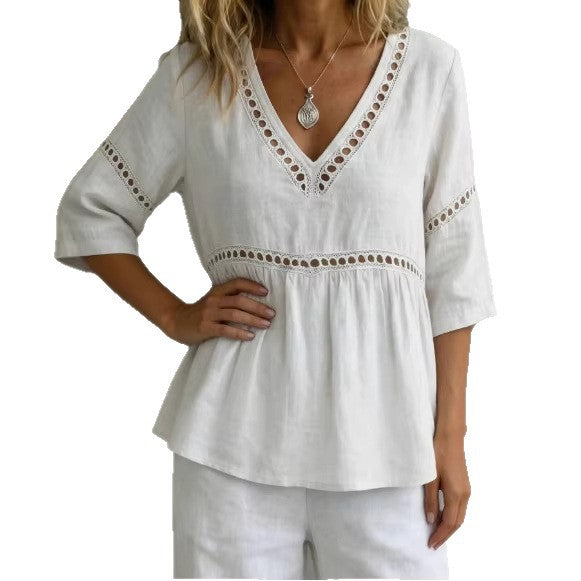 Women's V-Neck Top with Cut-Out – Fringes, Loose & Trendy