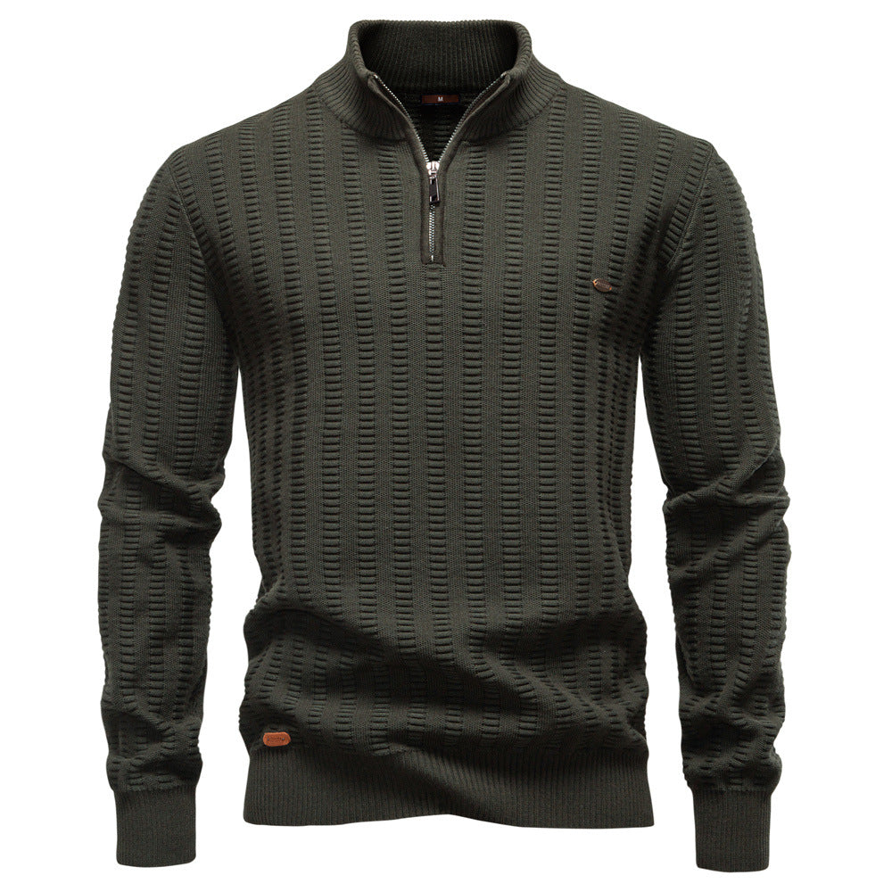 Men's Jacquard Half-Zip Pullover – Stand-Up Collar Stripe Sweater