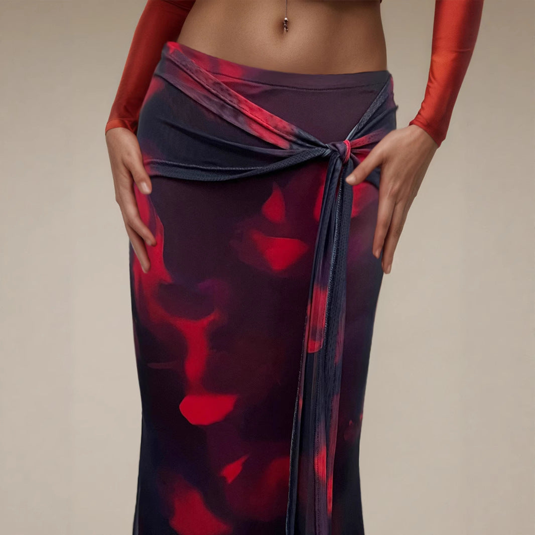 Retro Print Maxirock – Figurbetonter Langer Damen Rock im Vintage Stil