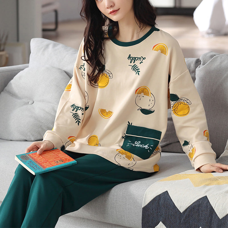 Damen Pyjama Set Print – Langarm Schlafanzug Herbst Winter