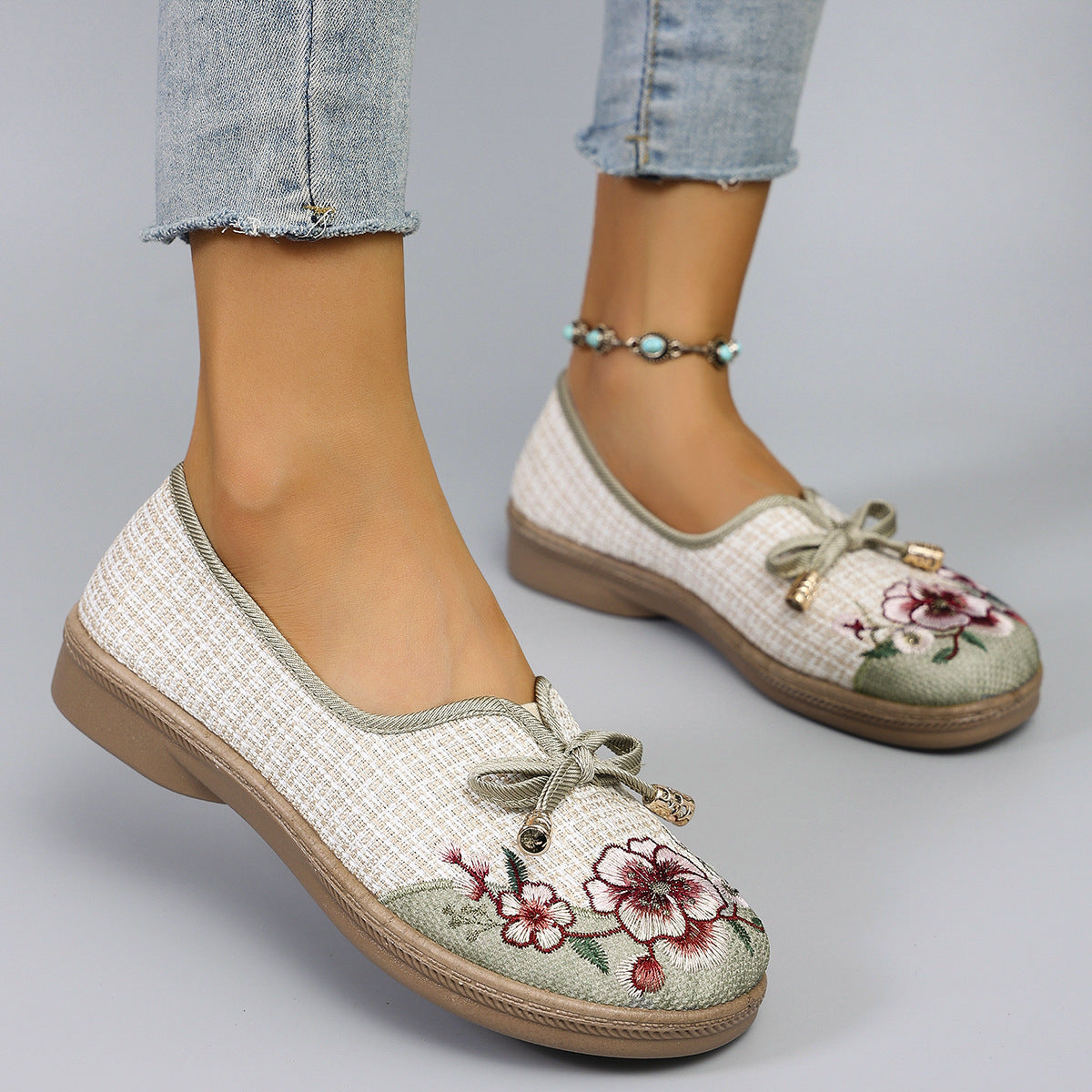 Damen Leinen Flats Ethno Style | Bequeme Sommer Freizeitschuhe