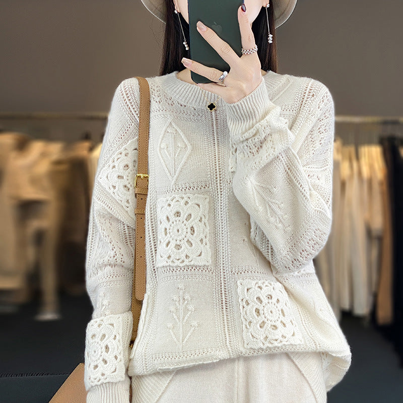 Elegant Wool Sweater with Crochet Pattern - Women's Round Neck Knitted Pullover