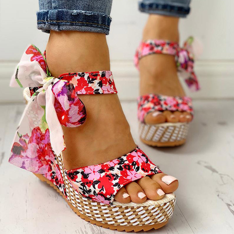 Women's Wedge Sandals Floral Bow | Boho Platform Sandals