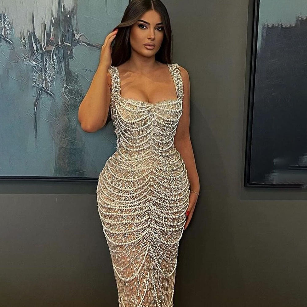 Beaded Evening Dress for Women Elegant | Nude Luxury Glamour Dress