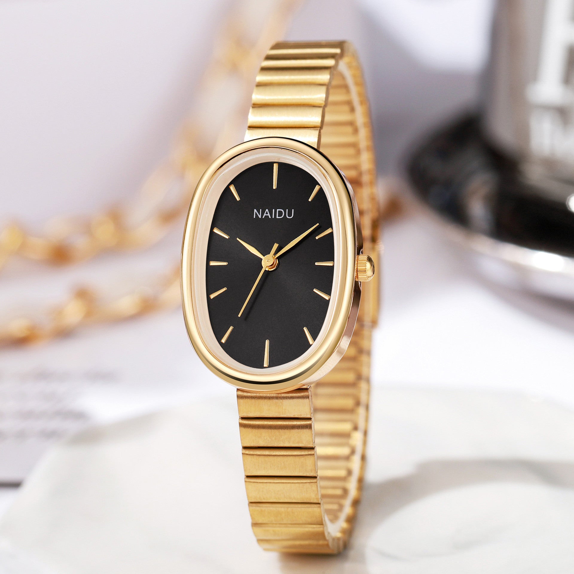 Girl's Watch with Bamboo Link Bracelet – Small Oval Watch