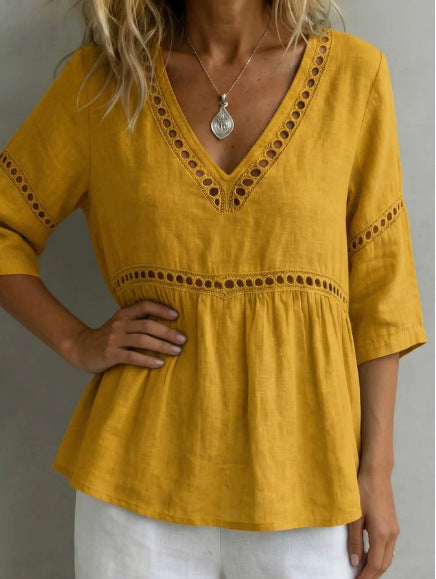 Women's V-Neck Top with Cut-Out – Fringes, Loose & Trendy