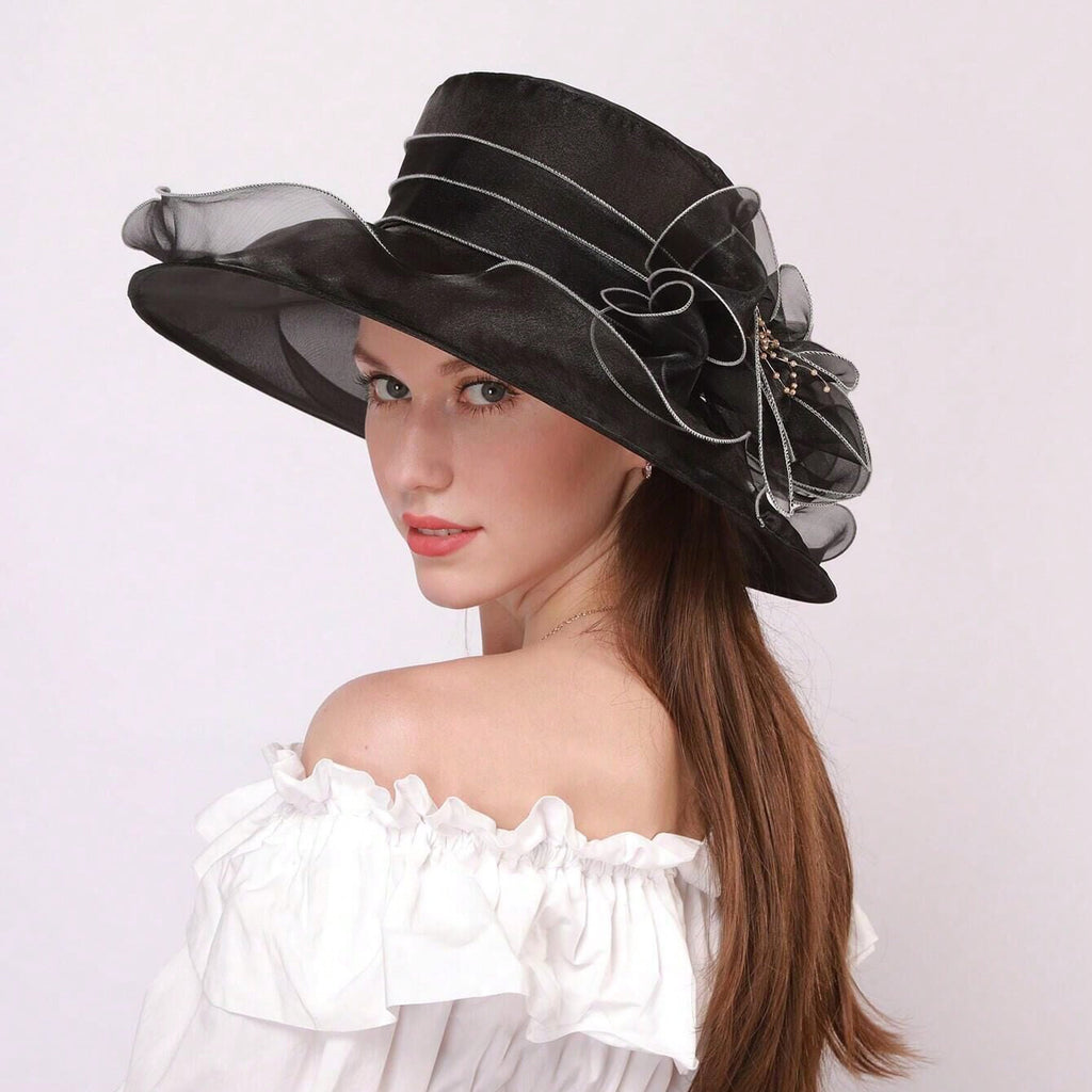 Elegant Chiffon Bucket Hat with Flowers – Lightweight Sun Protection Hat