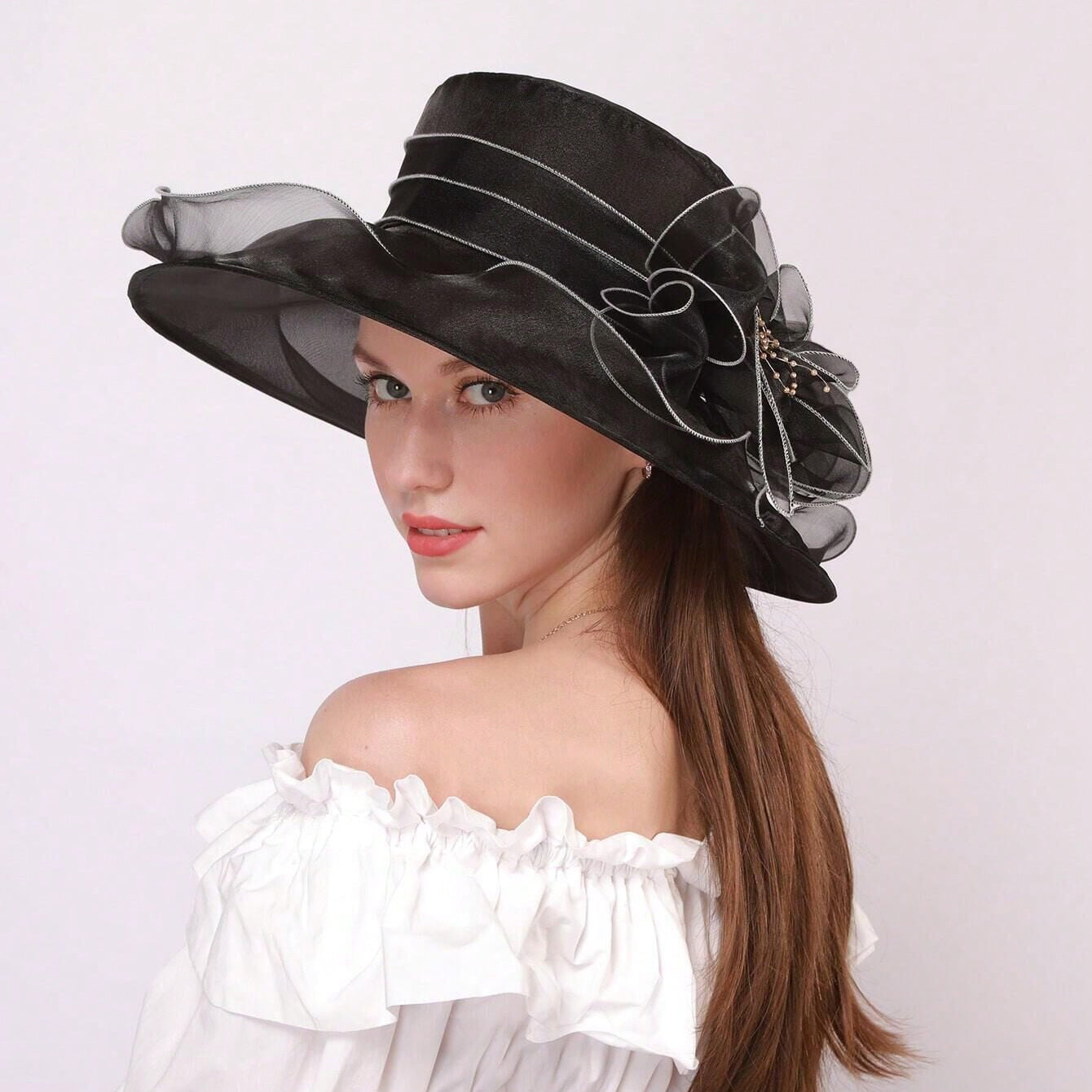 Elegant Chiffon Bucket Hat with Flowers – Lightweight Sun Protection Hat