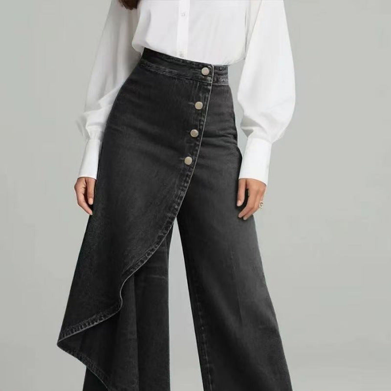 Women's Denim Skort with Button Placket – Washed Look Skirt Shorts