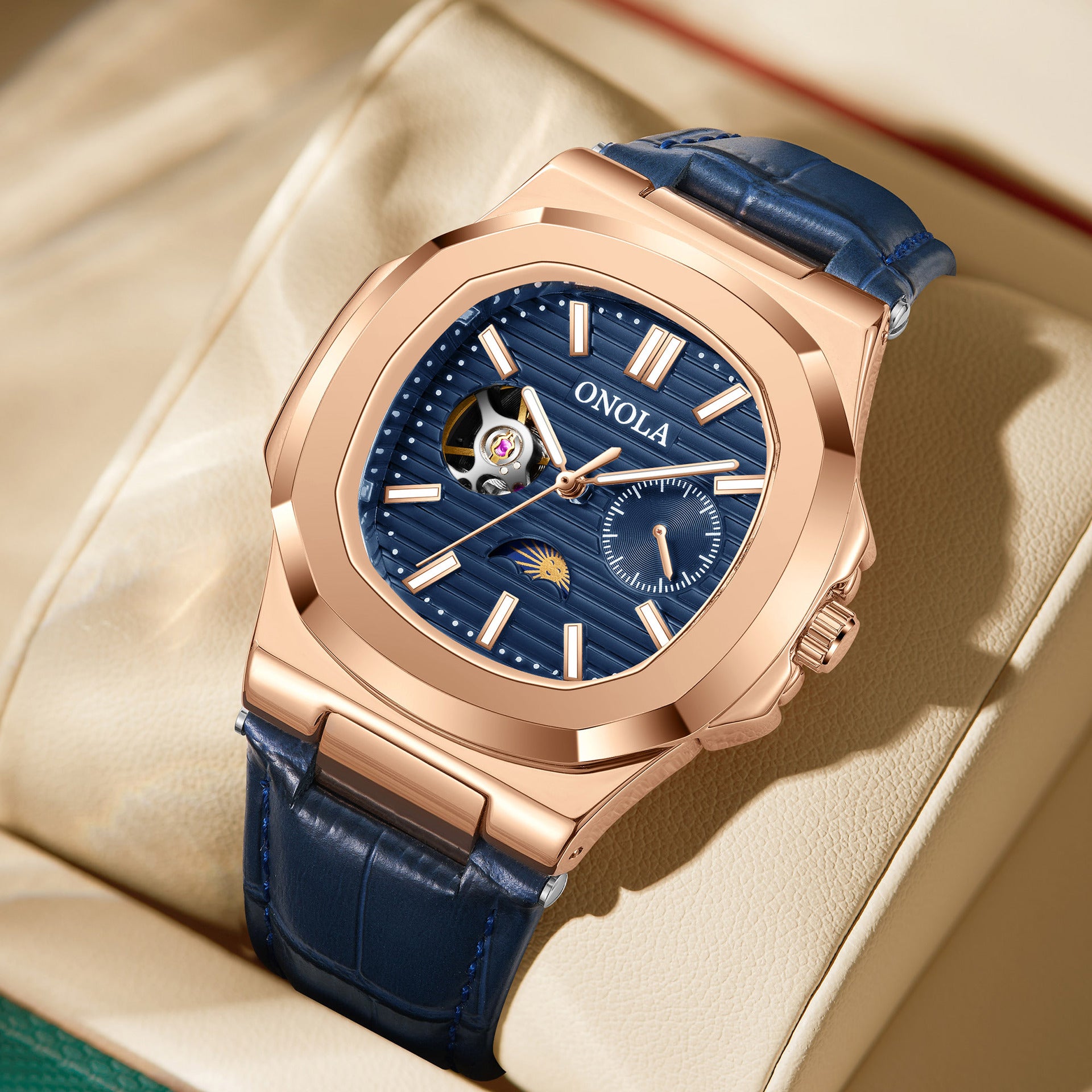 Men's Automatic Watch Luxury | Sun Moon Stars Leather Strap