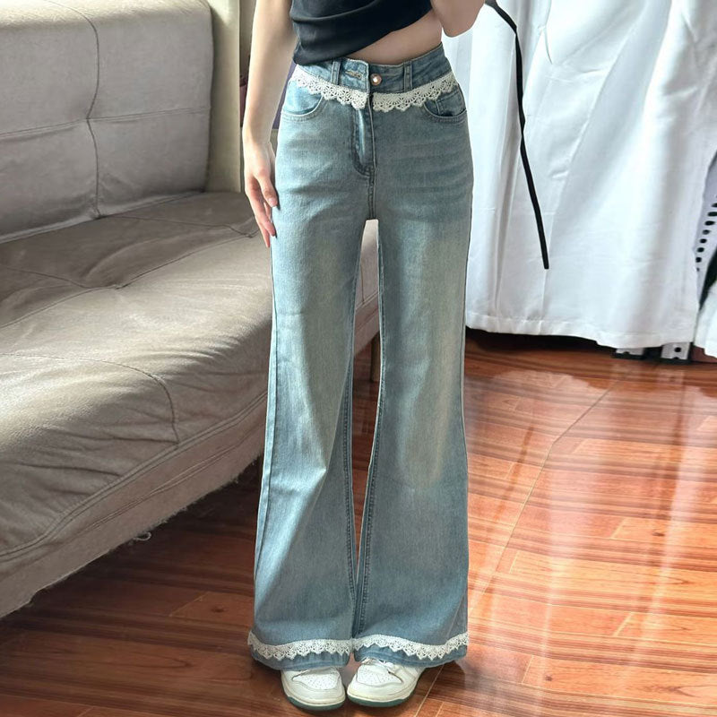 Women's Bell-Bottom Jeans with Lace | Patchwork Flared Denim Pants