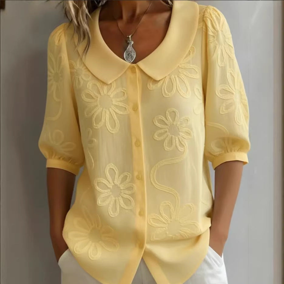 Retro Women's Blouse with 3D Floral Embroidery – Loose, Button Placket & Elegant