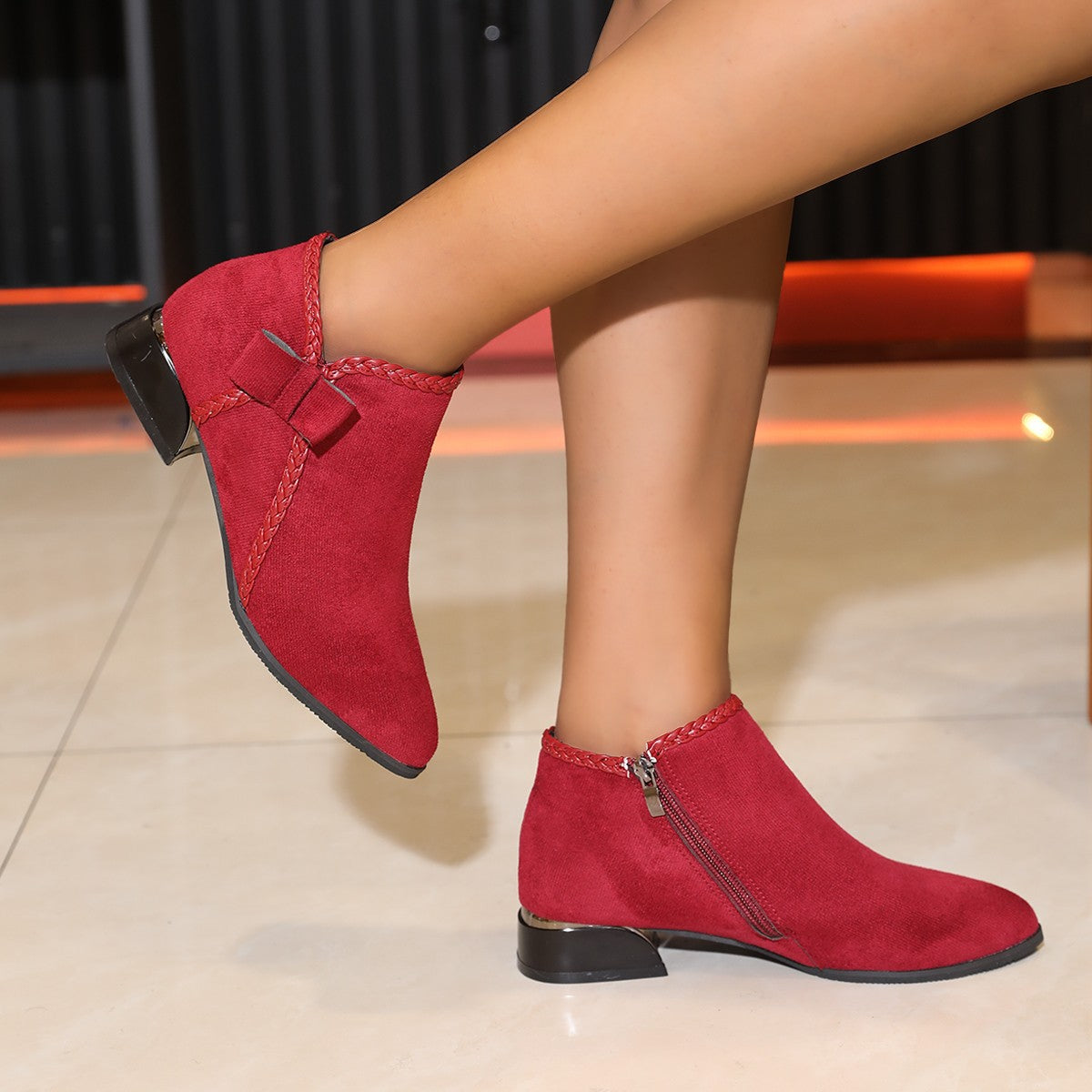Women's Ankle Boots Pointed Toe with Bow – Elegant Side Zip Boots