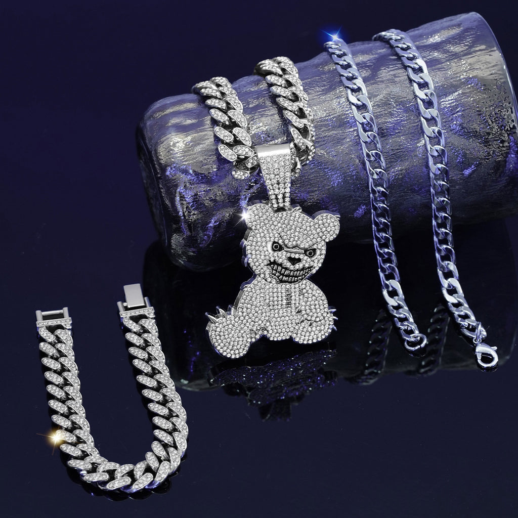 Sparkling Bear Jewelry Set - Necklace & Bracelet in a Glittering Design for Women