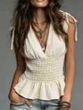 Figure-hugging women's top with V-neck, straps & ruches – Elegant