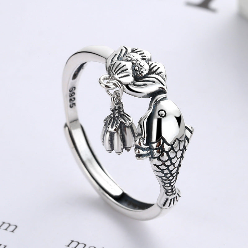 Modischer Karpfen-Lotus-Quastenring aus Sterlingsilber
