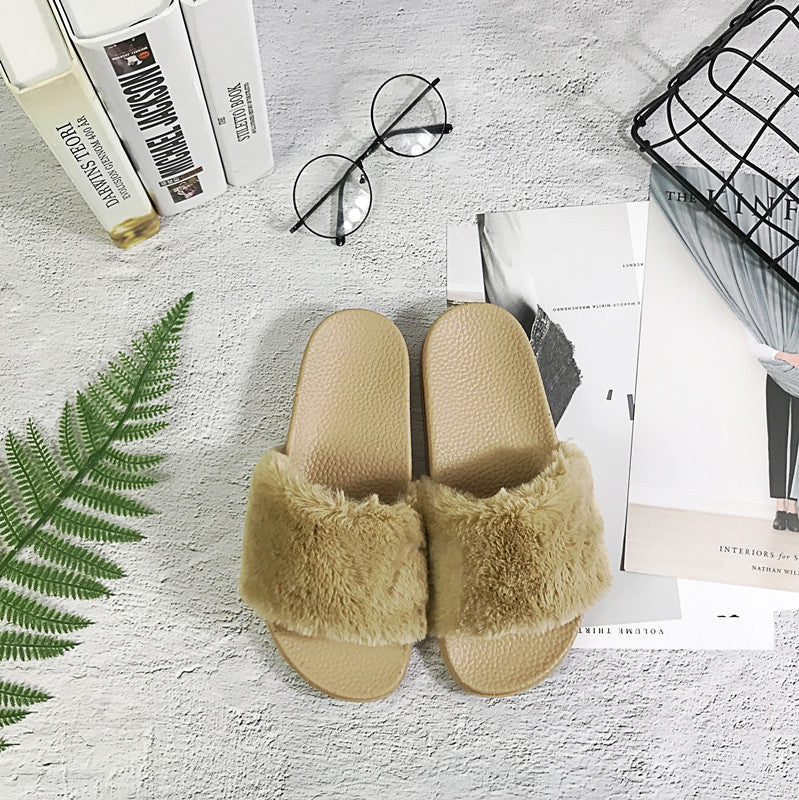 Women's Fur Slippers Korean Style | Fluffy Indoor Sandals