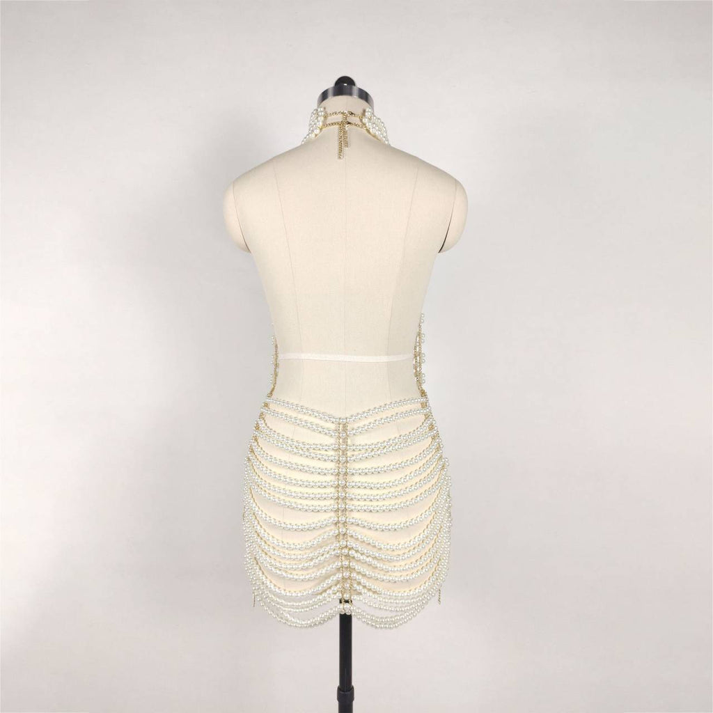 Elegant Pearl Halter Dress for Women | Glamorous Evening Party Dress