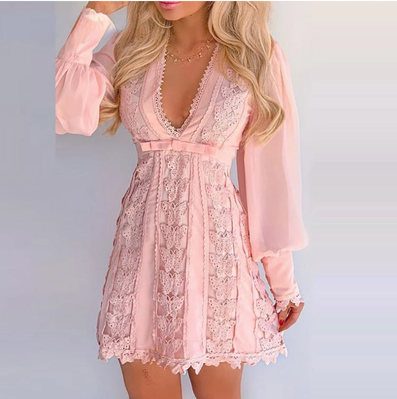 Elegantes Weißes Spitzenkleid – V-Ausschnitt Maxikleid mit Puffärmeln