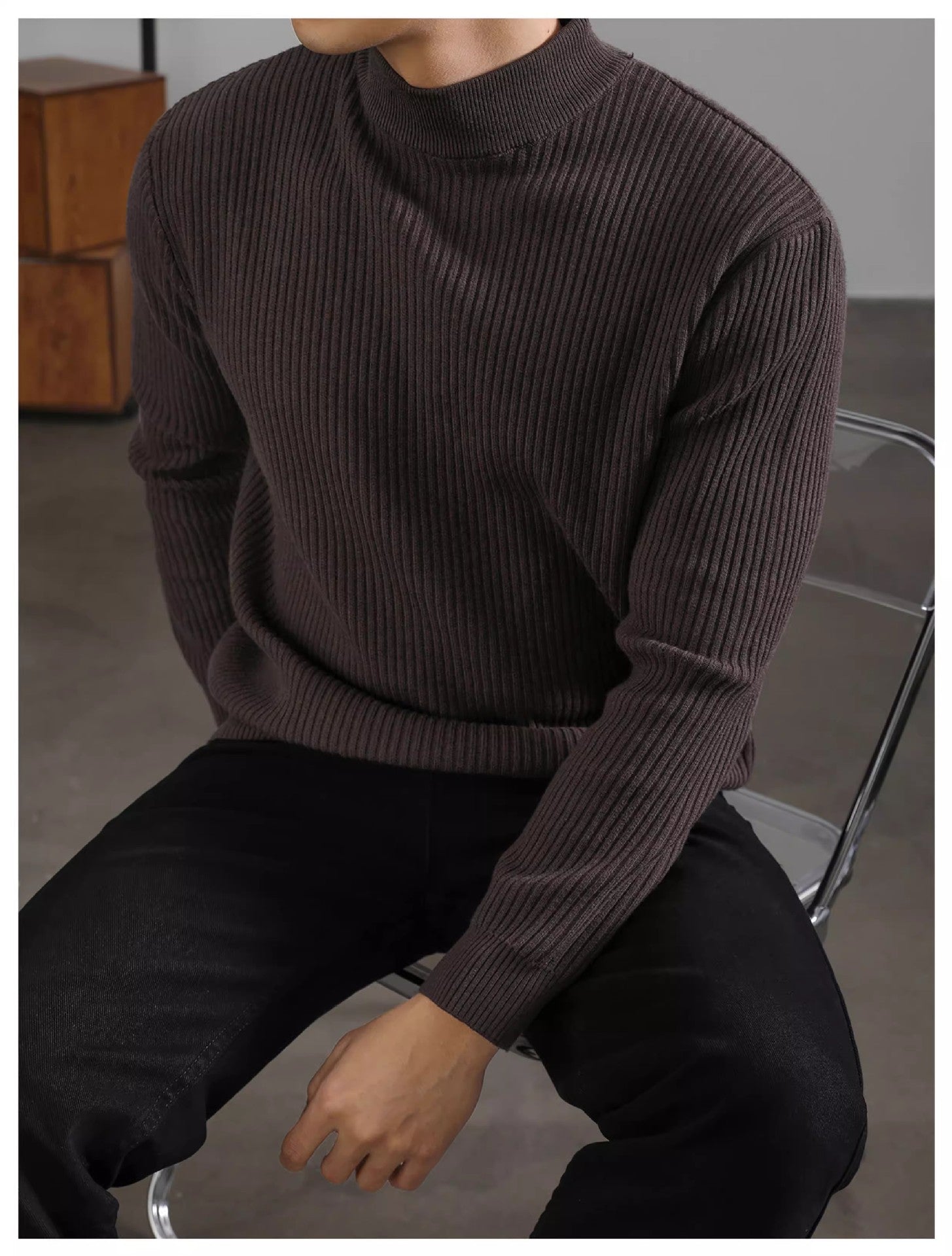 Men's Korean Style Pullover – Mock Neck Rib Knit