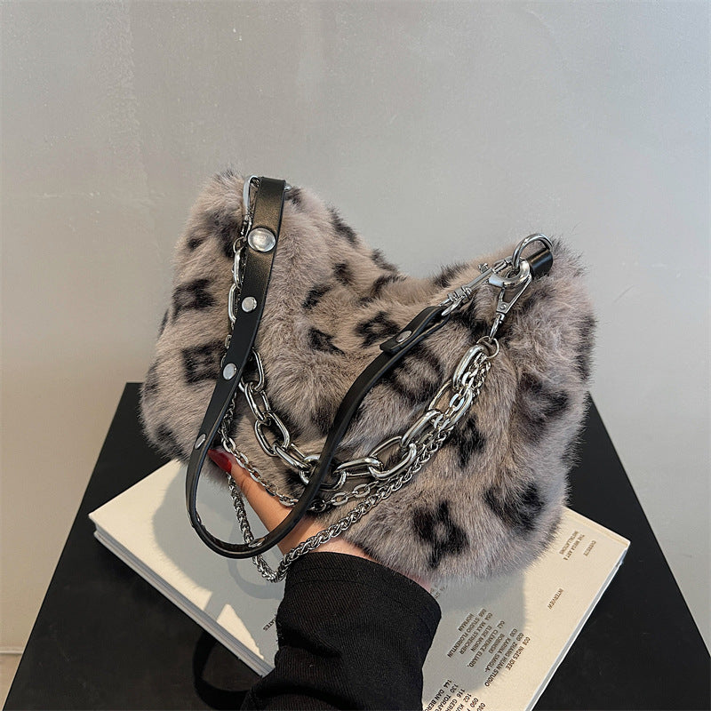 Plush Shoulder Bag Women Winter Floral Handbag Elegant