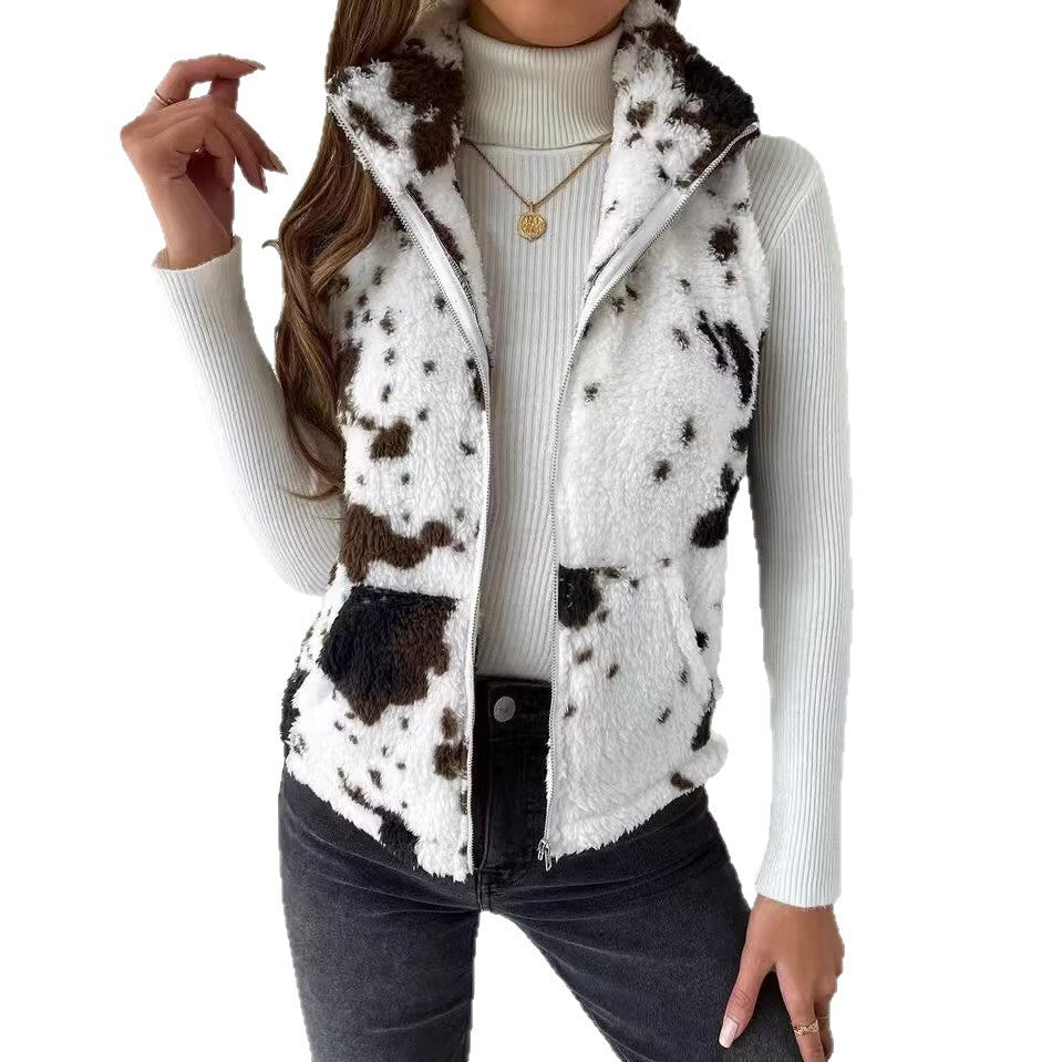 Damen Plüsch Cardigan mit Print – Beidseitig Tragbar, Reißverschluss & Warm