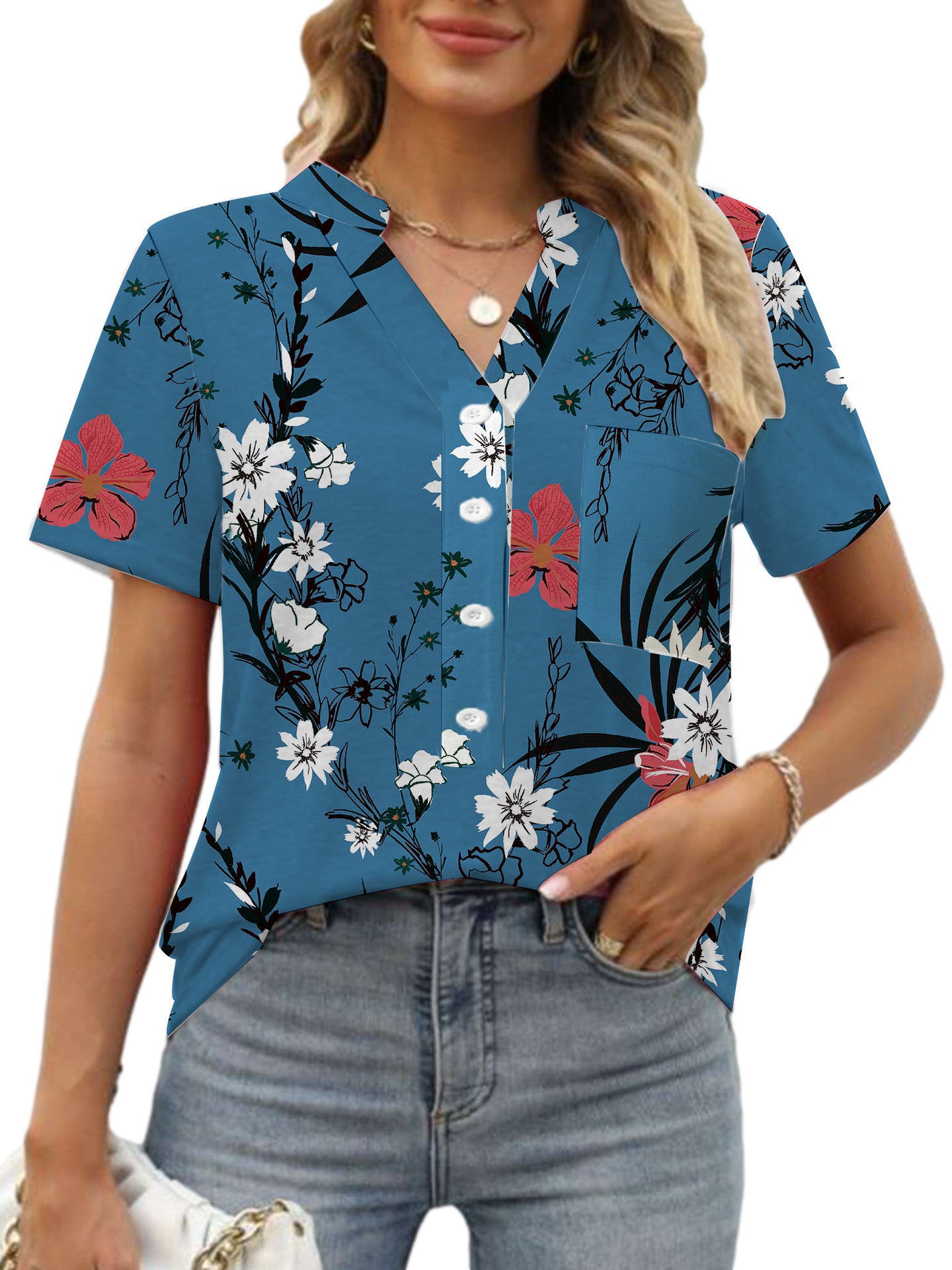 Damen Blumenprint Bluse V-Ausschnitt | Sommer Kurzarm Shirt