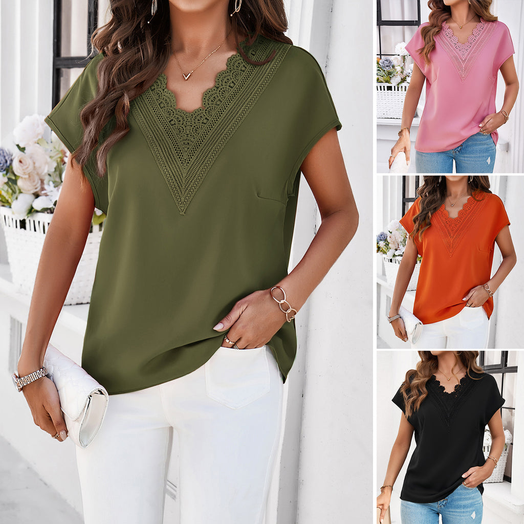 Damen V-Ausschnitt Shirt Sommer | Kurzarm Basic Bluse Elegant