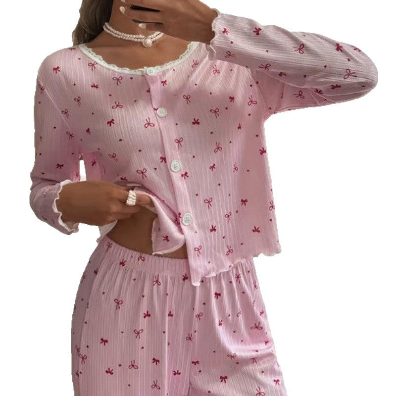Damen Spitzen Loungewear Set – Bedruckter Zweiteiler mit Knopfleiste