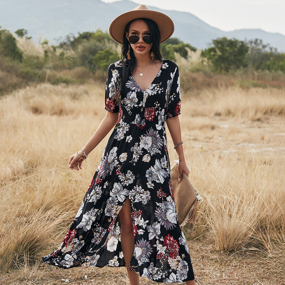 Florales Sommerkleid mit V-Ausschnitt – Leichtes Strandkleid mit elastischer Taille