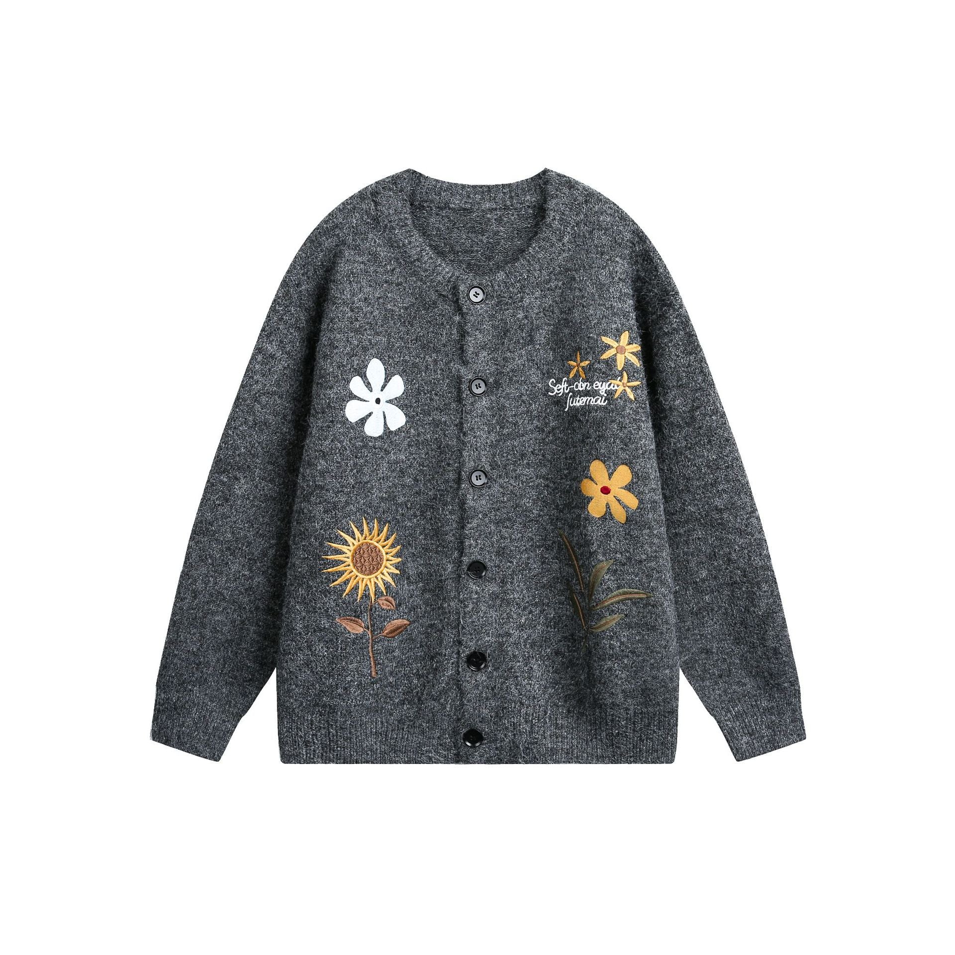 Women's Knitted Cardigan with Floral Embroidery – Retro Preppy Style