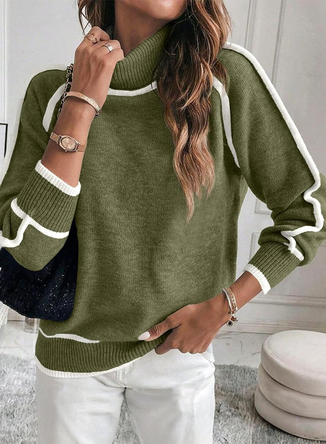 Damen Rollkragenpullover | Eleganter Colorblock Stricklook